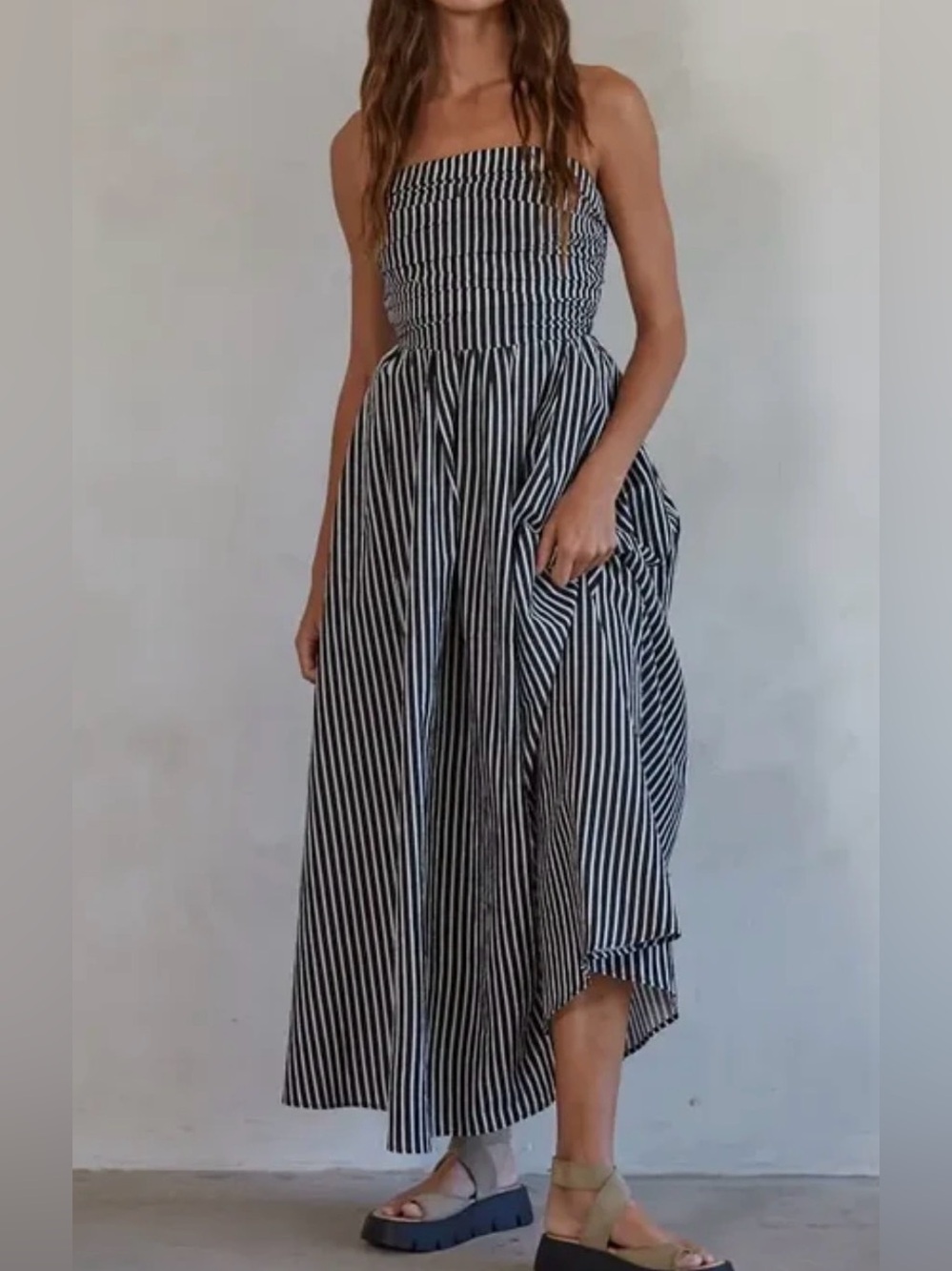 Striped Strapless Maxi Dress - Navy & White